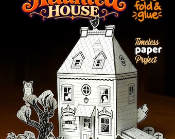 Puede incluir: Un modelo de casa encantada de papel con arte lineal en blanco y negro de una casa, un árbol con un búho, calabazas, una valla y fantasmas. El texto dice Haunted House, print cut fold & glue y Timeless paper Project.