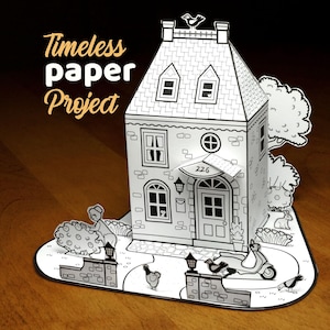 May include: A black and white paper craft model of a house with the text Timeless paper Project. The house features a roof with a bird, dormer windows, and a front door labeled 226. The scene includes a garden with a person, a scooter, and animals.