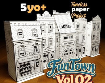 Puede incluir: Un conjunto de edificios de papel con las etiquetas FunTown Vol 02 y Timeless paper Project, con dibujos de líneas en blanco y negro de una zapatería, pizzería, estación de bomberos, tienda de antigüedades y tienda de mascotas, con el texto 5yo+.