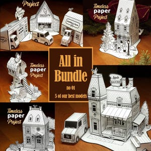 May include: A collection of black and white paper craft models featuring buildings, vehicles, and scenery. The set includes a garage, ice cream shop, farm, multi-story houses, and a bakery, all labeled with the text Timeless Paper Project and All in Bundle no 01 5 of our best models.