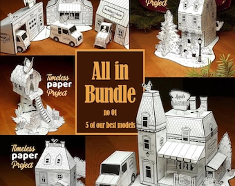 5 printable models bundle, paper house template, 3d papercraft for family, druckbares Papier-pdf Diorama