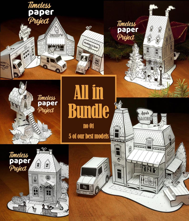 May include: A collection of paper craft models labeled Timeless Paper Project and All in Bundle no 01 5 of our best models. The set includes black and white printed buildings like a garage, ice cream shop, farm, bakery, and houses with vehicles.