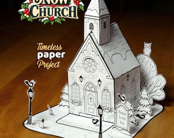 Snowy Christmas Church Printable Papercraft | DIY holiday Village Decoration | Paper Craft Model Cut & paste