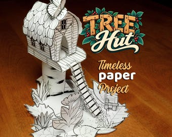 Puede incluir: Un modelo de casa del árbol de papel con una mariposa en el techo, una escalera y una base con ilustraciones de hojas y flores. El texto TREE Hut Timeless paper Project aparece en una fuente de madera con hojas verdes y bayas rojas.
