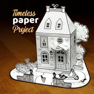 May include: A black and white paper craft model of a two-story house with the text Timeless paper Project. The structure features a roof with a bird, dormer windows, a front door labeled 226, a scooter, a person gardening, and small animals.