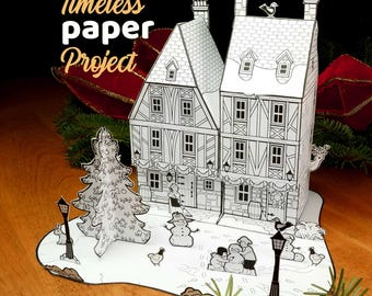 Casas de papel imprimibles: escena medieval invernal, plantilla de papercraft