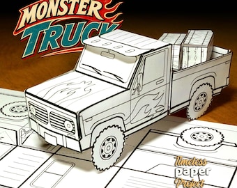 Puede incluir: Un modelo de papel de una camioneta con gráficos de llamas en el capó y los laterales, que incluye una caja de carga con dos cajas. El texto MONSTER TRUCK aparece en una fuente estilizada arriba y Timeless paper Project está impreso abajo.