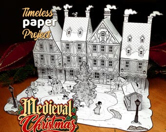 Puede incluir: Un set de manualidades en papel en blanco y negro titulado Timeless Paper Project Medieval Christmas, que presenta una fachada de edificio de varios pisos, un árbol central, figuras patinando y farolas sobre una base plana con ilustraciones detalladas.