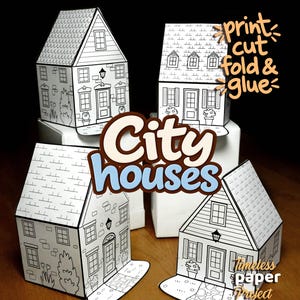 May include: Four paper craft houses with black and white line art designs featuring windows, doors, and roof shingles. The text "print cut fold & glue", "City houses", and "Timeless paper Project" is overlaid on the image.