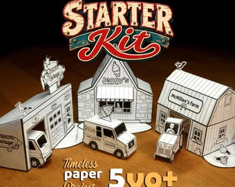 May include: A paper craft set featuring a garage labeled Tom's Garage, an ice cream shop labeled Jenny's Ice Cream Bar, and a barn labeled McMillen's Farm. Includes a small ice cream truck and a tractor. Text reads Starter Kit and 5yo+.