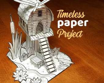 Kit imprimible de maqueta de papel de cabaña junto al lago: proyecto de manualidades 3D (PDF)
