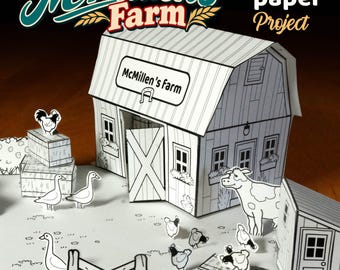 Puede incluir: Un set de manualidades de papel titulado McMillen's Farm Timeless paper Project que incluye un granero blanco con contornos negros, una vaca, gansos, pollos, una valla y un pequeño cobertizo. El granero tiene un letrero que dice McMillen's farm.