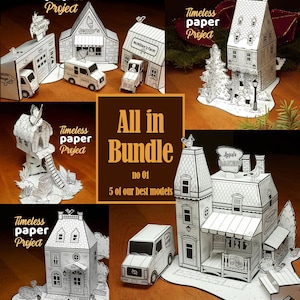 Puede incluir: Un conjunto de cinco modelos de papel en blanco y negro de edificios y vehículos, incluyendo un garaje, una granja, una panadería y casas. El texto "Timeless paper Project" es visible.