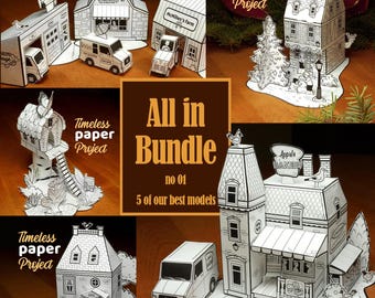 Paquete de 5 modelos imprimibles, plantilla de casa de papel, manualidades de papel para la familia, fantasía, druckbares Papier-Diorama