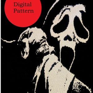 May include: Black and white digital pattern featuring a Scream mask design. The image includes a red circle with the text "Digital Pattern". The design is a pixelated, graphic representation of the iconic horror movie character.