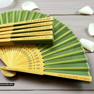 Engraved Green Silk Hand Fans: Rustic Wedding Bridal Party Favors