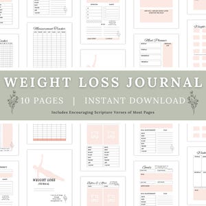 May include: A digital weight loss journal with 10 pages, featuring a measurement tracker, meal planner, and daily planner. The journal includes encouraging scripture verses. The design is in soft pink and white.