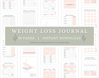 Diario de pérdida de peso imprimible, rastreador de actividad física basado en la fe, diario de alimentos, diario de alimentos, planificador diario y semanal, rastreador de comidas, rastreador de medidas