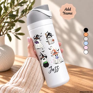 May include: A white water bottle with a gray lid featuring four ghost illustrations wearing witch hats, holding a book, a broom, a cauldron, and a pumpkin. The name Jess is printed in black script. A label reads Add Name with color circles.