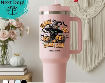Black Cat Halloween Tumbler, Witchy Pumpkin Cat Cup, Personalized Name Cup, Spooky Cat Lover Gift Idea, Fall Coffee Cup, Halloween Party