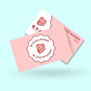 Modelo de cartão de visita editável para confeitaria, logotipo de bolo rosa, cartão de visita para impressão para confeitarias e pequenas lojas, design estético atraente