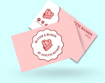 Editable Bakery Cakery Business Card Template, Pink Cake Logo, Printable Business Card for Bakers & Small Shops, Coquette Aesthetic Design
