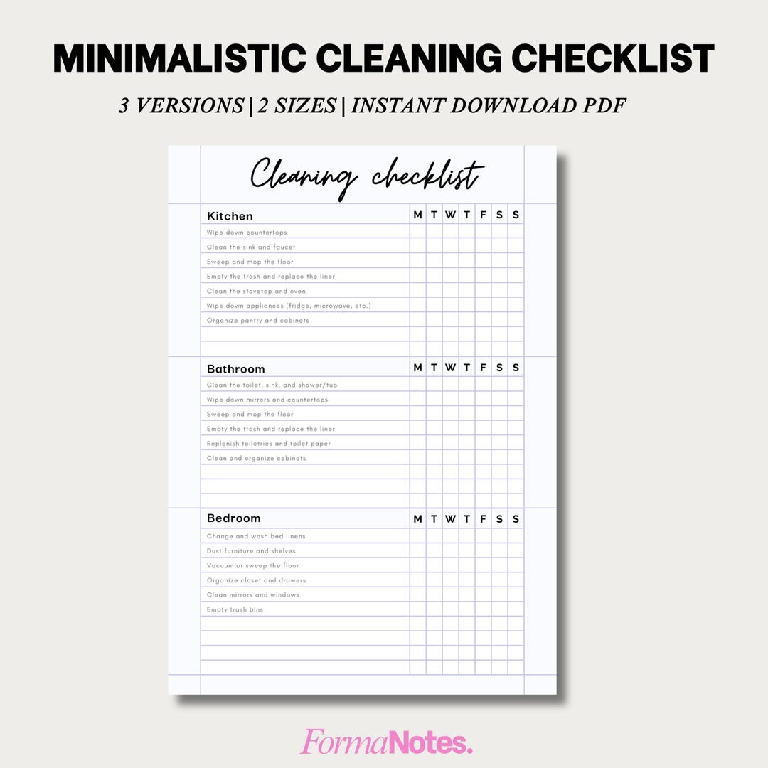 Minimalist Cleaning Checklist Printable | Weekly Cleaning Planner PDF ...
