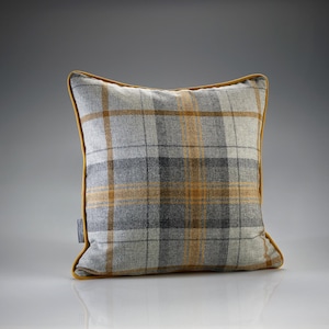 Grey & Mustards checked wool cushion  45 x 45cm, 100% Wool Face with Velvet reverse scatter cushion - Feather Filled Katrina Hampton Cushion