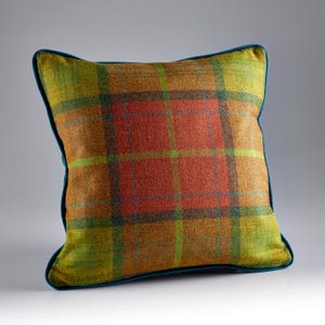 Orange checked wool cushion 45 x 45cm 100% Wool Face with  Velvet reverse, scatter cushion  Feather Filled Tomatin Katrina Hampton Cushion