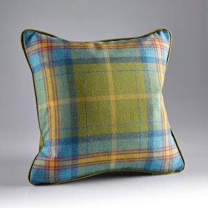 Green checked wool cushion - 45 x 45cm 100% Wool Face with Velvet reverse scatter cushion - Feather Filled Dalmore Katrina Hampton Cushion
