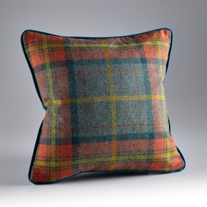 Orange checked wool cushion 45 x 45cm 100% Wool Face with  Velvet reverse, scatter cushion  Feather Filled Grant Katrina Hampton Cushion