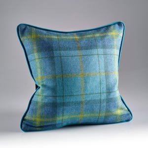 Blue checked wool cushion - 45 x 45cm 100% Wool Face with Velvet reverse scatter cushion - Feather Filled Moray Katrina Hampton Cushion