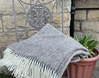 Brown Herringbone Shetland Wool Throw | Cream Fringe, Made in Yorkshire