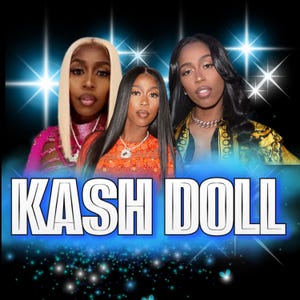 Könnte beinhalten: Bild mit drei Frauen mit langen Haaren vor einem dunklen Hintergrund mit blauen Sternen. Der Text "KASH DOLL" ist in blauer und weißer Schrift am unteren Rand zu sehen. Die Frauen tragen Schmuck.