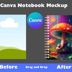 Könnte beinhalten: Notizbuch-Mockup mit Spiralbindung. Das linke Notizbuch zeigt ein Himmel- und Wolken-Design, das rechte eine farbenfrohe Pilzillustration. Das Bild enthält den Text "Canva Notebook Mockup" und "Canva".