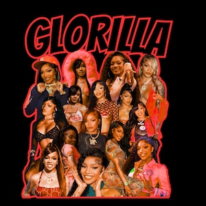 Puede incluir: Gráfico negro con un collage de mujeres y el texto "GLORILLA" en rojo, delineado en negro. Las mujeres son de diversas etnias y visten una variedad de atuendos. La estética general es moderna y elegante.