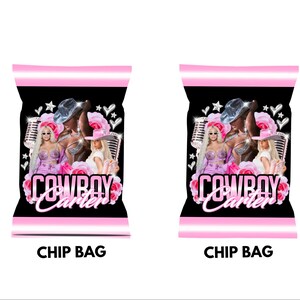 May include: Two pink and black chip bags with the text "COWBOY Carter" and images of three women. The bags have a pink top and bottom border and the words "CHIP BAG" at the bottom.