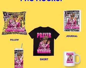 May include: A mockup image featuring various items with a "Prayer Warrior" theme. Items include a black t-shirt, a white mug, a tumbler, a pillow, and a journal. Each item displays a woman praying, with the words "Prayer Warrior" and other inspirational text.