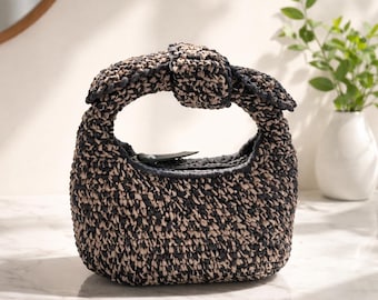 Crochet Knot Handbag, Raffia Yarn Clutch Bag, Boho Top Handle, Eco-Friendly Knitted Bag