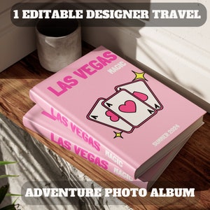 Vibrantes plantillas de álbumes de fotos de viajes de Las Vegas: diseños de Canva personalizables para hermosos recuerdos de vacaciones
