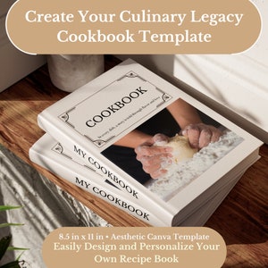 Pode incluir: Um modelo de livro de receitas branco com o texto "COOKBOOK" em uma fonte decorativa. O texto "In every dish, a story is told through flavor and love" está abaixo da palavra "COOKBOOK". O livro de receitas está aberto para revelar um par de mãos amassando massa. O texto "MY COOKBOOK" está na lombada do livro de receitas. O texto "8.5 in x 11 in Aesthetic Canva Template Easily Design and Personalize Your Own Recipe Book" está abaixo da imagem.