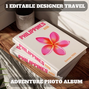 Pode incluir: Uma pilha de três álbuns de fotos com uma flor rosa na capa. O álbum superior tem o texto "PHILIPPINES ASIA" e "Summer 2024". O álbum do meio tem o texto "PHILIPPINES ASIA". O álbum inferior tem o texto "PHILIPPINES ASIA". O texto "ADVENTURE PHOTO ALBUM" está na parte inferior da imagem.