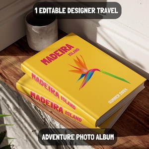 Könnte beinhalten: Zwei gelbe Fotoalben mit dem Text "MADEIRA ISLAND" und "SUMMER 2024" auf der Vorderseite. Das obere Album zeigt eine bunte Vogelillustration. Der Text "ADVENTURE PHOTO ALBUM" befindet sich am unteren Rand des Bildes.