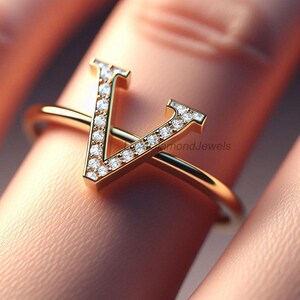 Anillo de diamantes en forma de V, anillo con inicial, anillo con monograma personalizado, anillo de plata, anillo de diamantes con el alfabeto V, joyería con la letra V, regalo para mejor amigo