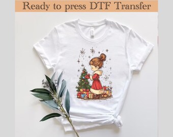 Christmas Girl DTF Transfer, Holiday Tree, Ready to Press