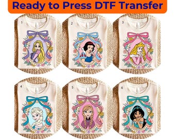 ディズニープリンセスコケットDTF転写、ディズニープリンセスプレス準備完了、ディズニープリンセスキャラクターDTF、ディズニープリンセスコケットシャツ、