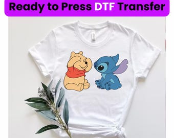 Transferencia DTF de Disney Pooh y Stitch, Amigos de Disney, Transferencia de impresión DTF, Camiseta sin mangas de Pooh y Stitch, Winnie the Pooh, Disneyland