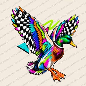 May include: A vibrant illustration of a mallard duck in flight, featuring a rainbow-colored body and wings with black and white checkered patterns. The duck has a green head, orange beak, and orange webbed feet, set against a geometric background.