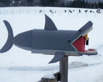 shark mailbox, large, great white shark swimming with a flipper in his mouth great white shark mail box large