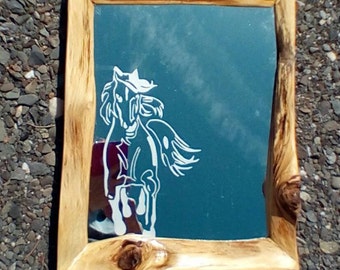 horse etched mirror with a cedar rustic wood frame